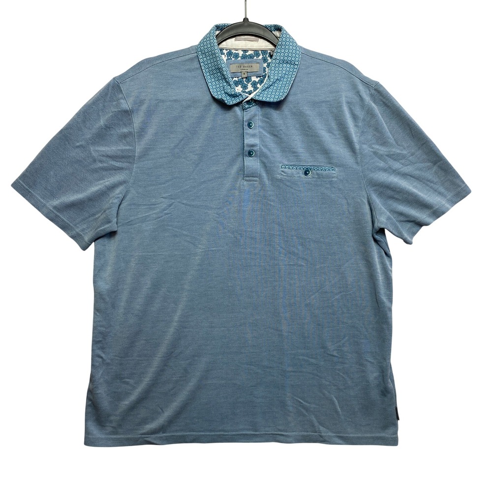 Ted Baker Polo Mens 6 XL Blue MMB Barbell Geometric Collar Contrast Trim Pocket
